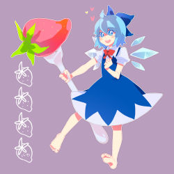 Rule 34 | bad id, bad pixiv id, barefoot, blue eyes, blue hair, bow, cirno, embodiment of scarlet devil, feet, food, fork, fruit, highres, mirugin, oversized food, oversized object, purple background, short hair, simple background, solo, strawberry, touhou, wings