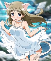 Rule 34 | 1girl, :d, ahoge, animal ears, bare shoulders, blue eyes, blush, breasts, brown hair, cat ears, cat tail, choker, cleavage, collarbone, day, dress, hair down, long hair, lynette bishop, medium breasts, open mouth, outdoors, skirt hold, smile, solo, spaghetti strap, strike witches, sundress, tail, water, white dress, world witches series, yumekaranigeruna