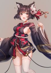 Rule 34 | 1girl, :d, animal ear fluff, animal ears, azur lane, bell, black hair, black kimono, blush, breasts, cat ears, clenched hands, fang, fox mask, gluteal fold, grey background, highres, icomochi, japanese clothes, jingle bell, kimono, large breasts, long sleeves, looking at viewer, mask, mask on head, open mouth, panties, red eyes, short hair, short kimono, sideboob, simple background, skindentation, smile, solo, string panties, thigh gap, thighhighs, underwear, white panties, white thighhighs, wide sleeves, yamashiro (azur lane)