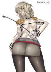 Rule 34 | 1girl, ass, black pantyhose, blonde hair, cowboy shot, epaulettes, folded ponytail, from behind, gloves, green eyes, grey skirt, holding, holding riding crop, kantai collection, katori (kancolle), military, military uniform, minarai, one-hour drawing challenge, pantyhose, pencil skirt, riding crop, simple background, skirt, solo, standing, uniform, white background, white gloves