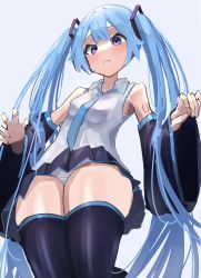 Rule 34 | absurdres, armpits, black thighhighs, blue hair, boots, breasts, closed mouth, curvy, embarrassed, hatsune miku, highres, long hair, medium breasts, myakuro, necktie, panties, purple eyes, simple background, skirt, sleeveless, striped clothes, striped panties, tattoo, thigh boots, thighhighs, twintails, underwear, upskirt, very long hair, vocaloid