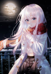 Rule 34 | 1girl, absurdres, blue eyes, blush, breath, brown skirt, building, choc, city, cloud, coat, commentary, full moon, highres, long hair, looking at viewer, moon, night, open mouth, original, own hands together, plaid, plaid scarf, pleated skirt, railing, red scarf, scarf, skirt, sleeves past wrists, snow, snowflakes, snowing, solo, sweater, symbol-only commentary, white hair, white sweater, winter, winter clothes, winter coat