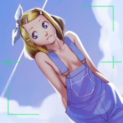 Rule 34 | 1girl, blonde hair, blue eyes, bow, breasts, hair bow, highres, kagamine rin, looking to the side, naked overalls, no bra, overalls, petite, short hair, small breasts, smile, solo, soon (c-u-soon), vocaloid