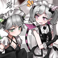 Rule 34 | 1girl, 2girls, absurdres, arianna the labrynth servant, arianne the labrynth servant, breasts, cleavage, duel monster, green eyes, grey hair, highres, maid, maid headdress, multiple girls, pink eyes, pointy ears, small breasts, tail, twintails, wings, yu-gi-oh!