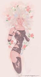 Rule 34 | 1girl, absurdres, afloat, armband, bare shoulders, black gloves, blue eyes, collarbone, flower, gloves, hair between eyes, highres, long hair, lunar tear, nier (series), nier:automata, parted lips, partially submerged, pink lips, red flower, signature, solo, v8, water, white flower, white hair, a2 (nier:automata)