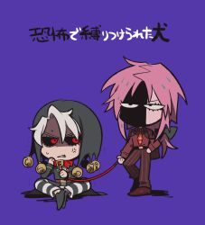 Rule 34 | 2boys, anger vein, black sclera, chibi, colored sclera, diavolo, formal, grey hair, hat, hat bobbles, jacket, jacket on shoulders, jojo no kimyou na bouken, leash, male focus, multiple boys, necktie, pants, polka dot hair, red eyes, risotto nero, sameyama jiro, shaded face, striped clothes, striped pants, suit, vento aureo, vertical-striped clothes, vertical-striped pants