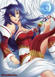 Rule 34 | 1girl, ahri (league of legends), animal ears, bare shoulders, black hair, breasts, cleavage, collarbone, detached sleeves, dice, energy ball, facial mark, fang, fingernails, fox ears, fox tail, highres, korean clothes, large breasts, league of legends, lipstick, looking at viewer, makeup, multiple tails, nail polish, slit pupils, solo, tail, vermillion dice, whisker markings, yellow eyes