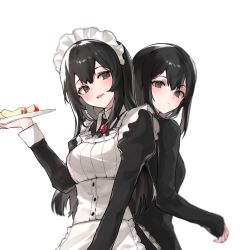 Rule 34 | 2girls, absurdres, apple, apple slice, apron, black dress, black hair, brooch, brown eyes, closed mouth, collar, commentary request, danbal, dress, food, fruit, hair between eyes, hand up, highres, holding, holding tray, jewelry, juliet sleeves, korean commentary, long hair, long sleeves, looking at viewer, maid, maid apron, maid headdress, mole, mole under mouth, multiple girls, original, parted lips, puffy sleeves, simple background, sleeves past wrists, smile, tray, upper body, white background, white collar