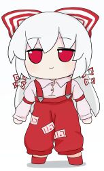 Rule 34 | 1girl, baggy pants, bow, buttons, collared shirt, fujiwara no mokou, fumo (doll), hair bow, highres, hime cut, long hair, long sleeves, ofuda, ofuda on clothes, pants, red eyes, red footwear, red pants, rei (tonbo0430), shirt, shoes, sidelocks, simple background, sleeve garter, solo, suspenders, touhou, very long hair, white background, white bow, white hair, white shirt