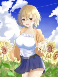 Rule 34 | 1girl, :d, belt, blonde hair, blue skirt, blush, brown eyes, day, flower, fuuraiyuu, highres, impossible clothes, jacket, looking at viewer, open mouth, orange jacket, original, outdoors, outstretched hand, shirt, short hair, skirt, smile, solo, standing, summer, sunflower, white shirt