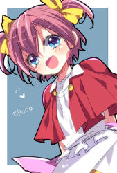 Rule 34 | 1girl, arc the lad, blue eyes, blush, bow, choko (arc the lad), commentary request, dress, hair ribbon, happy, izumi kouyou, open mouth, pink hair, ribbon, shawl, short hair, short twintails, skirt, smile, solo, twintails, yellow bow