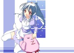 Rule 34 | 00s, 1girl, apron, bandaid, blush, broccoli (company), dress, full moon, galaxy angel, green hair, highres, long sleeves, looking at viewer, maid, maid apron, moon, normad, puffy long sleeves, puffy sleeves, purple dress, red eyes, solo, stuffed animal, stuffed toy, thighhighs, tiara, vanilla h, white thighhighs