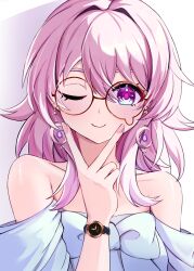 1girl ;) absurdres bare_shoulders bespectacled earrings glasses highres honkai:_star_rail honkai_(series) jewelry looking_at_viewer march_7th_(honkai:_star_rail) medium_hair off-shoulder_shirt off_shoulder one_eye_closed parika pink_hair purple_eyes round_eyewear shirt smile solo upper_body