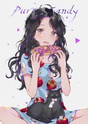 Rule 34 | 1girl, animal, animal on lap, apple, bad id, bad pixiv id, black hair, blush, brown eyes, butterfly sitting, cat, cat on lap, commentary, corn, dangmill, dress shirt, eating, fingernails, food, food print, fruit, grey background, head tilt, holding, holding food, long fingernails, long hair, looking at viewer, messy hair, nail art, nail polish, no pants, on lap, open mouth, original, print shirt, shirt, short sleeves, simple background, sitting, smile, solo, wavy hair