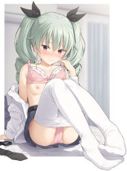 Rule 34 | 10s, 1girl, anchovy (girls und panzer), arm support, ass, bare shoulders, bed sheet, belt, black bow, black neckwear, blue skirt, blush, bow, bra, bra lift, breasts, closed mouth, clothes pull, collarbone, commentary request, drill hair, embarrassed, girls und panzer, green hair, hair bow, highres, indoors, long hair, long sleeves, looking at viewer, mikazuchi zeus, nipples, no neckwear, nose blush, off shoulder, on bed, open clothes, open shirt, panties, pantyhose, pantyhose pull, pink bra, pink panties, pleated skirt, red eyes, shirt, sitting, skirt, small breasts, smile, solo, twintails, underwear, white pantyhose, white shirt