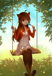 Rule 34 | 1girl, ahoge, animal ears, breasts, brown hair, cat ears, dappled sunlight, extra ears, green eyes, hair ribbon, highres, lan jue, long hair, open mouth, original, popsicle, ribbon, small breasts, solo, sunlight, swing, thighhighs, zettai ryouiki