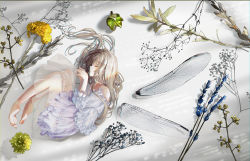 Rule 34 | 1girl, bare shoulders, barefoot, blue flower, brown hair, closed mouth, commentary request, detached wings, dress, closed eyes, flower, frilled dress, frills, highres, insect wings, knees up, long hair, long sleeves, lying, naruse chisato, off-shoulder dress, off shoulder, on side, original, plant, see-through, soles, solo, white dress, wings, yellow flower