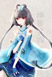 Rule 34 | 1girl, bare shoulders, bow, daviw, fingerless gloves, gloves, grey hair, hair bow, long hair, luo tianyi, red eyes, short hair with long locks, skirt, smile, solo, twintails, vocaloid