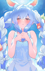 Rule 34 | 1girl, absurdres, alternate costume, animal ears, bare shoulders, blue dress, blue hair, blue sky, blush, bow, braid, breasts, carrot hair ornament, collarbone, dress, food-themed hair ornament, from below, frown, hair bow, hair ornament, highres, hololive, long hair, looking to the side, multicolored hair, orange eyes, rabbit ears, rabbit girl, sidelocks, sky, sleeveless, sleeveless dress, small breasts, sun, twin braids, twintails, two-tone hair, usada pekora, valentine (02140314c), virtual youtuber, white bow, white hair