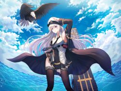 Rule 34 | 1girl, absurdres, aiguillette, armpits, azur lane, bad id, bad twitter id, bare shoulders, belt, bird, black coat, black necktie, black thighhighs, blue sky, blush, breasts, buckle, buttons, cloud, coat, covering crotch, covering privates, day, eagle, enterprise (azur lane), flight deck, floating hair, hair between eyes, hat, head tilt, highres, kimsw0522, large breasts, long hair, long sleeves, looking at viewer, military, military uniform, miniskirt, necktie, ocean, peaked cap, purple eyes, rigging, salute, shirt, sidelocks, silver hair, skirt, skirt hold, sky, sleeveless, sleeveless shirt, sleeves rolled up, smile, solo, standing, tareme, thigh strap, thighhighs, thighs, uniform, very long hair, water, water drop, wind, wind lift