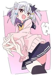 Rule 34 | 1boy, :d, black skirt, black thighhighs, bow, brown eyes, cardigan, commentary request, crossdressing, grey hair, hair bow, inuyama tamaki, ixy, looking at viewer, noripro, open mouth, pink background, pink cardigan, short hair, skirt, smile, solo, thighhighs, thighs, two-tone background, virtual youtuber, white background, zettai ryouiki