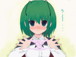 Rule 34 | 1girl, :t, antennae, blush, bow, bow panties, cum, cum on clothes, green eyes, green hair, holding, holding clothes, holding panties, holding underwear, itou life, matching hair/eyes, panties, pink panties, pout, presenting removed panties, short hair, solo, tears, touhou, underwear, wriggle nightbug