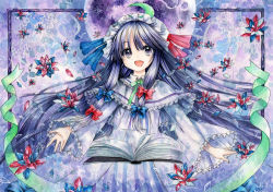 Rule 34 | 1girl, book, capelet, coat, crescent, crescent hair ornament, dress, framed, full moon, hair ornament, hair ribbon, hat, long hair, long sleeves, mob cap, moon, mosho, open book, open clothes, open coat, open mouth, painting (medium), patchouli knowledge, purple dress, purple hair, ribbon, smile, solo, striped clothes, striped dress, touhou, traditional media, tress ribbon, very long hair, watercolor (medium), white dress, wide sleeves