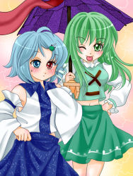 Rule 34 | 2girls, ahoge, blue hair, blush, breasts, commentary request, cosplay, costume switch, detached sleeves, frog hair ornament, geta, green eyes, green hair, hair ornament, heterochromia, japanese clothes, juliet sleeves, karakasa obake, kochiya sanae, kochiya sanae (cosplay), long hair, long sleeves, medium breasts, midriff, miko, multiple girls, navel, nontraditional miko, one eye closed, oversized clothes, puffy sleeves, short hair, sleeves past wrists, snake hair ornament, tatara kogasa, tatara kogasa (cosplay), tongue, tongue out, touhou, umbrella, undersized clothes, vest, yuzuna99