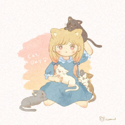 Rule 34 | 1girl, animal, animal ears, animal on head, animal on lap, black cat, blue dress, blue ribbon, blush, brown eyes, brown hair, calico, cat, cat day, cat ears, cat on head, cat on lap, commentary, dress, english commentary, frilled sleeves, frills, full body, gradient eyes, grey cat, hair ribbon, highres, long hair, looking at viewer, low-tied long hair, mian (user kwcj2833), multicolored eyes, on head, on lap, original, parted lips, pink background, pink eyes, puffy short sleeves, puffy sleeves, ribbon, short sleeves, signature, sitting, solo, two-tone background, white background, white cat