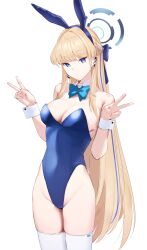 Rule 34 | 1girl, absurdres, blonde hair, blue archive, blue bow, blue bowtie, blue eyes, blue hairband, bow, bowtie, breasts, detached collar, double v, earpiece, groin, hairband, halo, hands up, headset, highleg, highleg leotard, highres, leotard, matsukan (dug pile), medium breasts, microphone, official alternate costume, official alternate hairstyle, playboy bunny, solo, straight hair, thighhighs, thighs, toki (blue archive), toki (bunny) (blue archive), v, white thighhighs, wrist cuffs