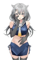 Rule 34 | 1girl, absurdres, black gloves, black thighhighs, blush, commission, cowboy shot, crop top, elbow gloves, gloves, grey eyes, grey hair, grey neckerchief, groin, hair between eyes, hair ornament, headgear, highres, i-201 (kancolle), kantai collection, long hair, mole on body, navel, neckerchief, open mouth, pixiv commission, sailor collar, simple background, solo, thighhighs, toriniku senshi chikinman, white background, white sailor collar, x hair ornament