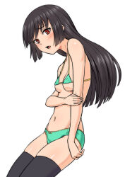 Rule 34 | 1girl, bikini, black hair, black thighhighs, breasts, cleavage, commentary request, green bikini, groin, highres, holding own arm, kakone, long hair, looking at viewer, medium breasts, navel, open mouth, original, simple background, solo, swimsuit, teeth, thighhighs, upper teeth only, white background