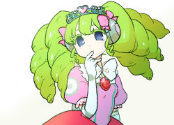Rule 34 | 1girl, bow, closed mouth, colored eyelashes, commentary, dress, drill hair, falulu, gloves, green hair, grey eyes, hair bow, hakata (2bt4), hand to own mouth, hand up, headphones, long hair, looking at viewer, pink bow, pink dress, power symbol, pretty series, pripara, puffy short sleeves, puffy sleeves, short sleeves, sidelocks, simple background, solo, symbol-only commentary, tiara, twin drills, twintails, white background, white bow, white gloves