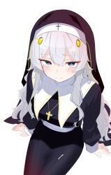 1girl alternate_costume blue_eyes blush closed_mouth commentary_request cross cross_necklace girls&#039;_frontline hair_between_eyes heulgheulgheulg_(user_wkde5753) jewelry korean_commentary long_hair looking_at_viewer necklace nun ribeyrolles_(girls&#039;_frontline) simple_background sitting solo white_background white_hair