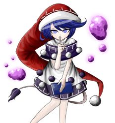 Rule 34 | 1girl, blue eyes, blue hair, book, doremy sweet, dream soul, dress, hat, multicolored clothes, multicolored dress, nightcap, nightgown, pom pom (clothes), short hair, simple background, solo, tail, touhou, white background, zenji029