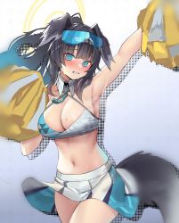 Rule 34 | 1girl, animal ears, arm up, armpits, bare shoulders, black hair, blue archive, blue eyes, blush, breasts, cheerleader, cleavage, crop top, dog ears, dog girl, dog tail, eyewear on head, goggles, goggles on head, halo, hibiki (blue archive), hibiki (cheer squad) (blue archive), highres, holding, holding pom poms, jsiwji, large breasts, long hair, looking at viewer, midriff, millennium cheerleader outfit (blue archive), miniskirt, navel, pom pom (cheerleading), pom poms, skirt, solo, sweat, tail, white skirt
