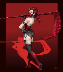 Rule 34 | 1girl, armband, ass, bare shoulders, black gloves, blood, boots, dagger, dripping, earrings, gloves, gradient background, high heel boots, high heels, holding, holding scythe, holding weapon, jewelry, knife, looking back, mask, medium hair, mortal kombat (series), mouth mask, ninja mask, over shoulder, ozkh, red eyes, red hair, red theme, scabbard, scythe, shadow, sheath, sheathed, shoe soles, signature, single earring, skarlet, solo, weapon, weapon over shoulder
