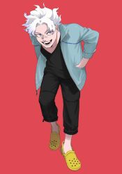 Rule 34 | 1boy, bandaid, bandaid on face, bandaid on nose, black pants, black shirt, blue eyes, blue jacket, boku no hero academia, collarbone, crocs, full body, hand in pocket, highres, jacket, leaning forward, looking at viewer, loud cloud, male focus, mole, open mouth, pants, red background, rnuyvm, shirt, simple background, solo, teeth, white hair, yellow footwear