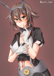 Rule 34 | 1girl, anti (untea9), black jacket, black skirt, breasts, brown hair, cleavage, collar, collarbone, finger to mouth, gloves, green eyes, hair between eyes, headgear, highres, jacket, kantai collection, large breasts, looking at viewer, metal belt, metal collar, midriff, mutsu (kancolle), mutsu kai ni (kancolle), navel, open clothes, open jacket, purple hair, shaded face, shrug (clothing), simple background, skirt, smile, solo, striped clothes, striped skirt, twitter username, upper body, white gloves