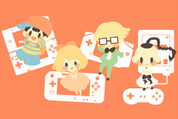 Rule 34 | 1girl, 3boys, baseball cap, black hair, blonde hair, braid, chibi, child, dress, full body, game boy advance, game console, glasses, handheld game console, hat, hitofutarai, jeff andonuts, mother (game), mother 2, multiple boys, ness (mother 2), nintendo, nintendo 3ds, open mouth, paula (mother 2), pink dress, poo (mother 2), shirt, short hair, smile, striped clothes, striped shirt, wii u