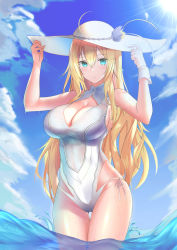 Rule 34 | 1girl, alternate hairstyle, aqua eyes, artist name, artoria pendragon (all), artoria pendragon (fate), artoria pendragon (swimsuit ruler) (fate), artoria pendragon (swimsuit ruler) (second ascension) (fate), bare shoulders, blonde hair, blue sky, blush, breasts, cleavage cutout, closed mouth, clothing cutout, cloud, commentary request, covered navel, day, fate/grand order, fate (series), hair between eyes, hat, highres, in water, large breasts, long hair, looking at viewer, ocean, one-piece swimsuit, outdoors, sideboob, sky, solo, sun hat, sunlight, swimsuit, wading, water, wet, white hat, white one-piece swimsuit, yunhe (1735226079)