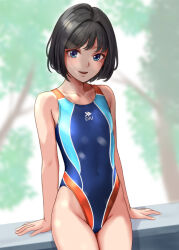 Rule 34 | 1girl, absurdres, black hair, blue eyes, blue one-piece swimsuit, bob cut, breasts, collarbone, covered navel, cowboy shot, highleg, highleg swimsuit, highres, multicolored clothes, multicolored swimsuit, mutsumura ryuuichi, one-piece swimsuit, original, short hair, sitting, small breasts, solo, swimsuit, tree