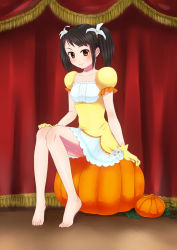 Rule 34 | 1girl, alternate hairstyle, arm at side, barefoot, black hair, breasts, brown eyes, curtains, dress, eyelashes, feet, female focus, flower, flower hair ornament, flower on head, frilled dress, frills, full body, gloves, hand on own knee, happy, idol, idolmaster, idolmaster cinderella girls, legs, long hair, looking at viewer, nakano yuka, namco, neck, pumpkin, shinkai kiiro, shiny clothes, shiny skin, short sleeves, sidelocks, sitting, small breasts, smile, stage, tiptoes, toenails, toes, twintails