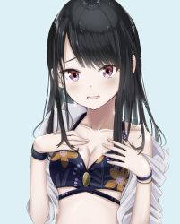 Rule 34 | 1girl, absurdres, bare shoulders, bikini, black bikini, black hair, blue background, blush, breasts, cleavage, collarbone, commentary request, floral print, hands on own chest, hands up, highres, idolmaster, idolmaster shiny colors, kazano hiori, long hair, looking at viewer, medium breasts, off shoulder, parted lips, purple eyes, ryouta (ryouta335), shirt, sidelocks, simple background, smile, solo, swimsuit, upper body, white shirt, wristband