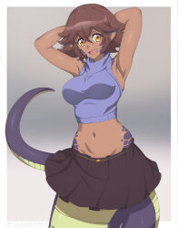 Rule 34 | 1girl, absurdres, arms behind head, arms up, blue sweater, breasts, brown eyes, brown hair, chuunioniika, commission, cropped sweater, dark-skinned female, dark skin, fang, highres, jacket, lamia, large breasts, looking at viewer, monster girl, navel, open mouth, original, pointy ears, short hair, sleeveless, sleeveless sweater, smile, solo, sweater, white jacket