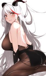 Rule 34 | 1girl, absurdly long hair, aegir (azur lane), ass, azur lane, backless dress, backless outfit, bare shoulders, bodystocking, breast curtains, breasts, cross, cross earrings, demon horns, dress, earrings, highres, horns, itete, jewelry, long hair, multicolored hair, sitting, streaked hair, very long hair, wariza, white background, white hair, yellow eyes