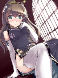 Rule 34 | 10s, 1girl, aqua eyes, bad id, bad twitter id, blush, breasts, brown hair, china dress, chinese clothes, dress, elbow gloves, gloves, hair ornament, hi-ho-, jpeg artifacts, kantai collection, kumano (kancolle), long hair, looking at viewer, medium breasts, no panties, ponytail, quipao, side slit, solo, thighhighs, white thighhighs