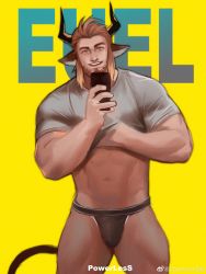 Rule 34 | 1boy, absurdres, animal ears, arknights, bara, beard, black male underwear, bulge, clothes lift, cow boy, cow ears, cow horns, cowboy shot, eurill pides (arknights), facial hair, highres, horns, jockstrap, large pectorals, lifting own clothes, looking at viewer, male focus, male underwear, mature male, muscular, muscular male, navel, no pants, pectorals, powerlesssong, shirt, shirt lift, short hair, sidelocks, sketch, smile, solo, stomach, thick thighs, thighs, underwear, undressing, white shirt