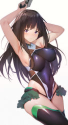 Rule 34 | 1girl, armpits, arms up, black hair, black leotard, black thighhighs, blush, breasts, closed mouth, covered collarbone, covered navel, cowboy shot, green skirt, gun, highres, holding, holding gun, holding weapon, impossible clothes, impossible leotard, inoue takina, large breasts, leotard, long hair, looking at viewer, lycoris recoil, purple eyes, showgirl skirt, simple background, skirt, solo, taimanin (series), taimanin yukikaze, thighhighs, trigger discipline, v-shaped eyebrows, very long hair, viral1112, weapon, white background