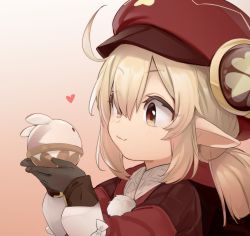 Rule 34 | 1girl, :3, ahoge, black gloves, blonde hair, blush, brown background, brown eyes, cabbie hat, child, commentary request, dress, genshin impact, gloves, gradient background, hair between eyes, hands up, hat, heart, highres, holding, klee (genshin impact), long hair, long sleeves, looking away, low twintails, parted lips, pointy ears, puffy long sleeves, puffy sleeves, red dress, red hat, solo, twintails, uno ryoku, upper body